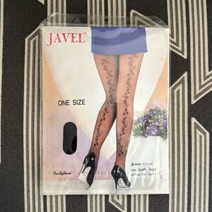 VTG NWT Javel Black Sheer Rhinestone Backseam Detail Pantyhose